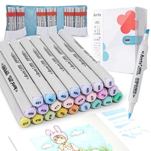 Arrtx Alcohol Markers 24 Fresh Colors Brush Marker and Chisel Marker for Artists Coloring, Dual Tip Alcohol-based Ink, Permanent Art Marker Pen for Artist Adult Kids Drawing Calligraphy Illustration