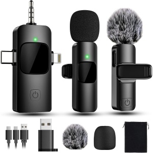 4 in 1 Mini Microphone Wireless Lavalier Microphone for iPhone Android Computer Laptop Camera USB-C,2.4G Ultra-Low Delay,Noise Reduction,Double Lapel Microphone for Youtube TikTok Vlog (Mini Mic)